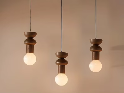 Three Wooden Pendant Lights With Minimalist Design And Illuminated Bulbs In Modern Interior 3d model