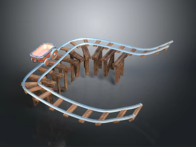 Curved Wooden Track Model With Small Cart And Support Structures 3d model