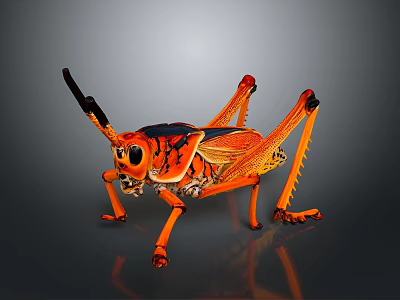 Vibrant Orange Grasshopper with Detailed Legs and Antennae on Dark Reflective Surface 3d model
