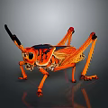 Vibrant Orange Grasshopper with Detailed Legs and Antennae on Dark Reflective Surface