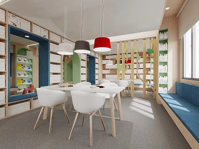 Vibrant Children Activity Space With Colorful Pendant Lights White Chairs Wooden Partitions And Blue Bench 3d model