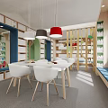 Vibrant Children Activity Space With Colorful Pendant Lights White Chairs Wooden Partitions And Blue Bench