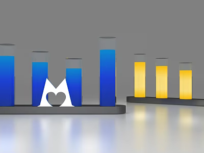 Modern Display Shelves Featuring Blue Yellow Colored Containers and Heart M Design Decor 3d model