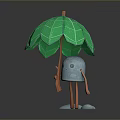 Cute Small Gray Creature Holding Green Leaf Shaped Umbrella Standing On Dark Background