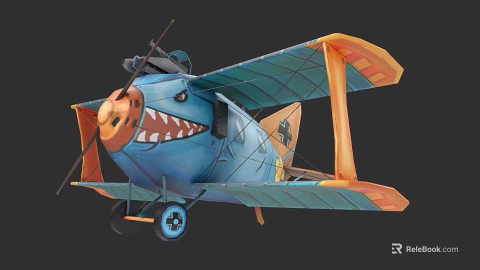 Vintage Biplane Fighter Aircraft With Blue Body Orange Wing Edges And Shark Mouth Design 3d model 