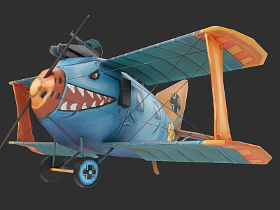 Vintage Biplane Fighter Aircraft With Blue Body Orange Wing Edges And Shark Mouth Design 3d model