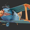 Vintage Biplane Fighter Aircraft With Blue Body Orange Wing Edges And Shark Mouth Design