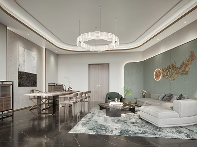 Modern Lounge Area With Chandelier Sofa Coffee Table And Decorative Wall Rug 3d model