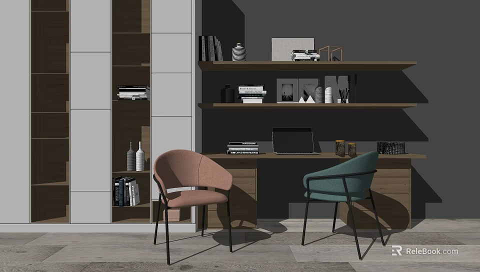 Modern Home Office Desk With Pink Teal Chairs Laptop And Decorative Shelves 3d model 