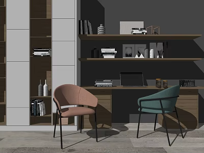 Modern Home Office Desk With Pink Teal Chairs Laptop And Decorative Shelves 3d model