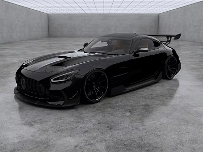 Black Sports Car With Wide Body Kit Rear Spoiler And Alloy Wheels 3d model