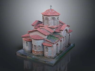 Cartoon Style Church Scene With Red Roof Tiles Domes Cross Stone Walls And Arched Windows 3d model
