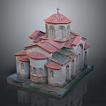 Cartoon Style Church Scene With Red Roof Tiles Domes Cross Stone Walls And Arched Windows