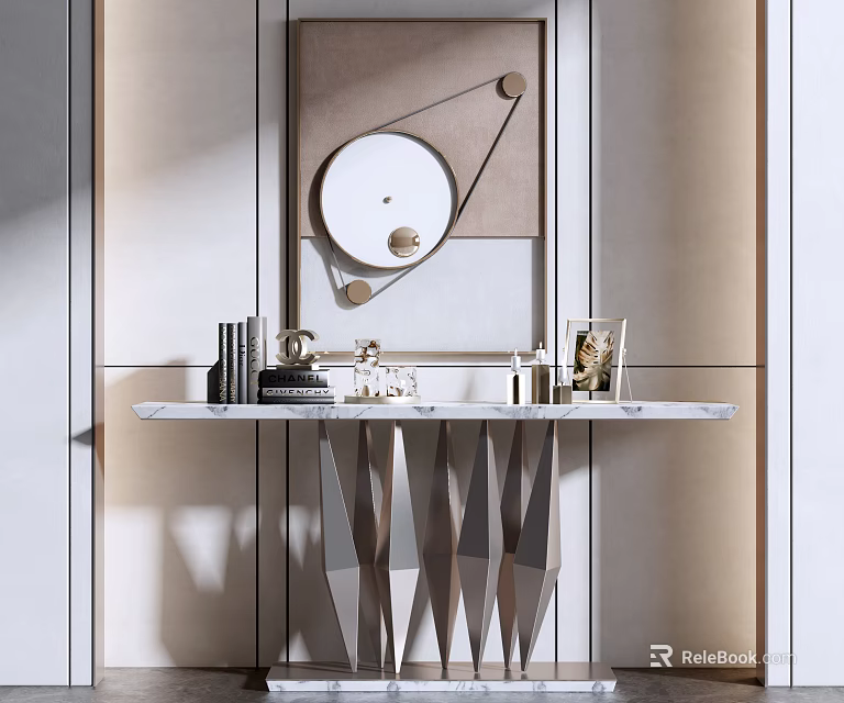 Modern Console Table With Marble Top And Decorative Mirror On Minimalist Light Wall 3d model