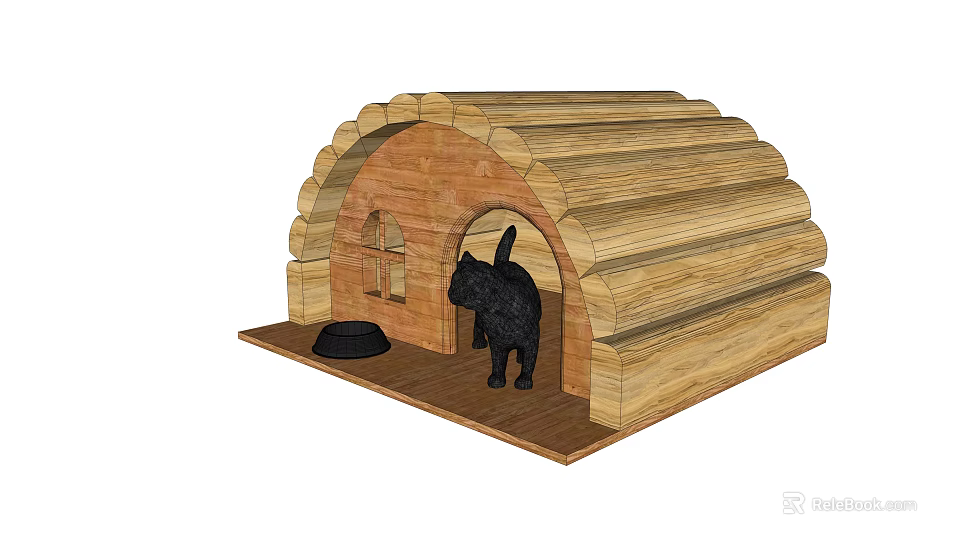Wooden Pet House For Garden With Black Cat And Feeding Bowl 3d model 