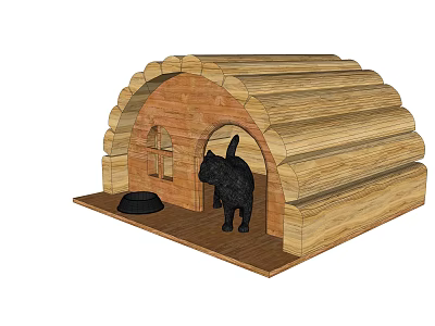 Wooden Pet House For Garden With Black Cat And Feeding Bowl 3d model