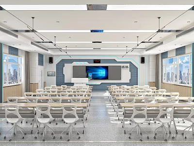 School Modern Classroom Interior With Rows Of Desks And Screens 3d model