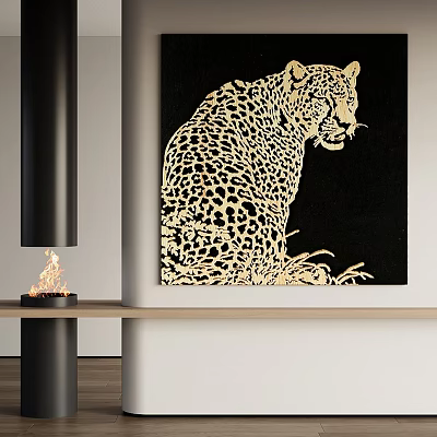 Abstract Painting of Golden Leopard Silhouette on Black Background with Black Fireplace Flames and Wooden Countertop 3d model