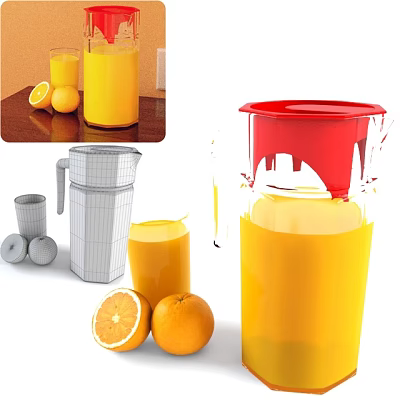 Fresh Orange Juice in Glass Pitcher with Red Lid and Whole Sliced Oranges 3d model