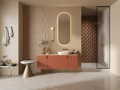 Orange Bathroom Vanity Cabinet Featuring Oval Mirror Gold Frame And Decorative Wall Tiles 3d model