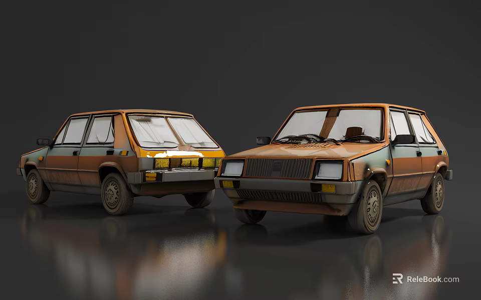 Two Orange Vintage Cars Parked Against Dark Background With Reflective Floor 3d model 