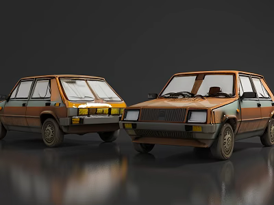 Two Orange Vintage Cars Parked Against Dark Background With Reflective Floor 3d model