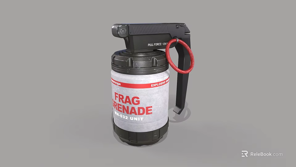 Military Frag Grenade With Black Handle Red Pin Gray Body And White Label Red Text 3d model 
