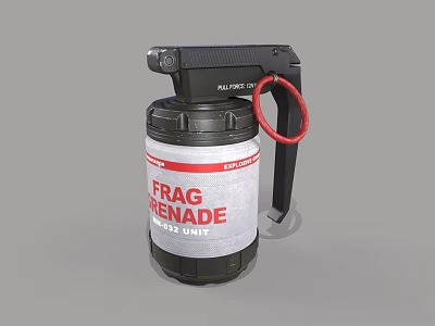 Military Frag Grenade With Black Handle Red Pin Gray Body And White Label Red Text 3d model