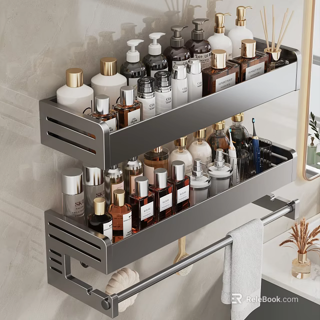 Wall Mounted Two Tier Metal Bathroom Shelf Organizing Toiletries Skincare Products And Towels 3d model 