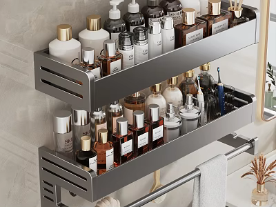 Wall Mounted Two Tier Metal Bathroom Shelf Organizing Toiletries Skincare Products And Towels 3d model