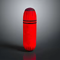 Red Cylindrical Decorative Lighting Fixture With Black Horizontal Stripes And Textured Fabric Surface