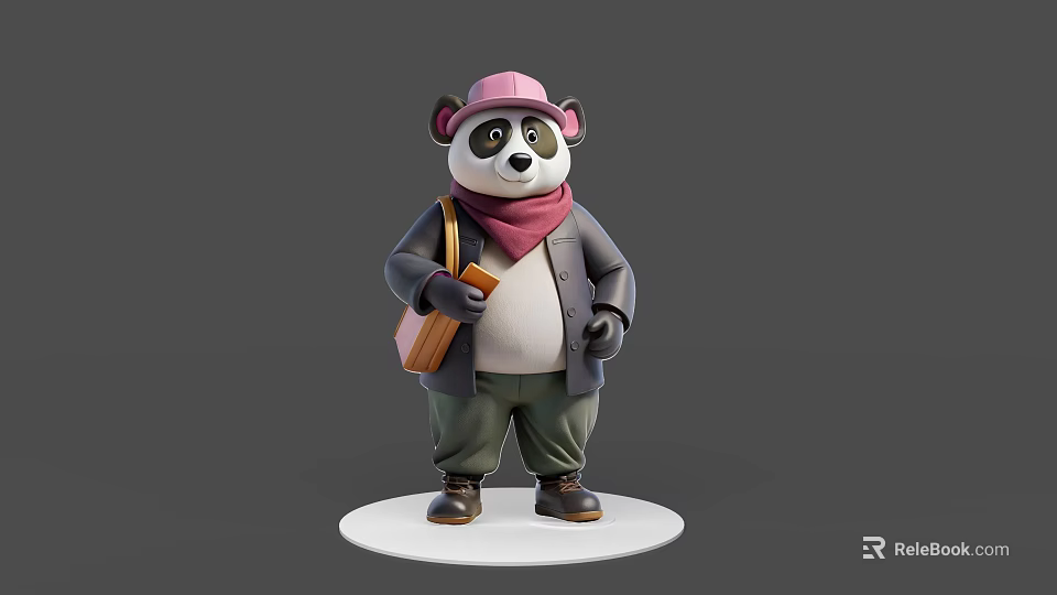 3D Model Panda Character Wearing Pink Hat Scarf Gray Coat Green Pants With Brown Bag 3d model 