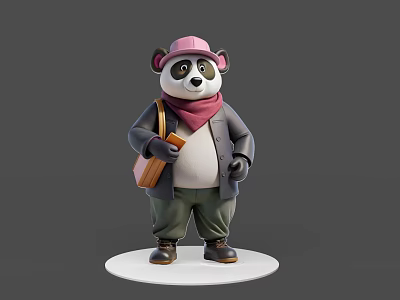 3D Model Panda Character Wearing Pink Hat Scarf Gray Coat Green Pants With Brown Bag 3d model