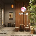 Traditional Chinese Style Milk Tea Shop With Wooden Counter Hanging Lights And Green Plants