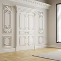 Classical White Double Doors With Carved Details Symmetrical Wall Panels And Light Wooden Flooring