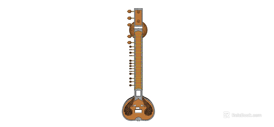 Traditional Wooden Sitar String Musical Instrument with Resonator and Pegs 3d model 
