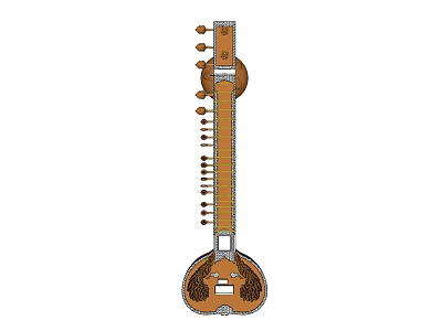 Traditional Wooden Sitar String Musical Instrument with Resonator and Pegs 3d model