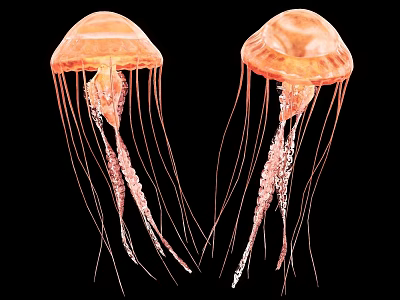 Two Swimming Orange Jellyfish with Long Tentacles on Black Background 3d model