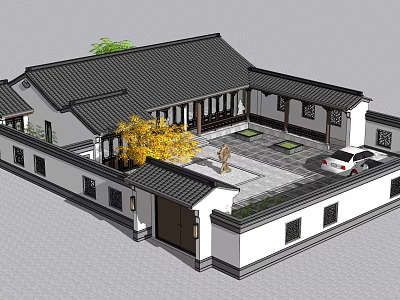 Ancient Siheyuan Architecture With Black Tiled Roof White Walls Courtyard Yellow Tree And White Car 3d model