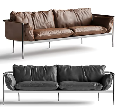 Modern Brown And Black Leather Two Seater Sofa With Metal Legs 3d model