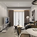 Modern Living and Dining Room With Black Sofa White Coffee Table TV Green Plants Rug