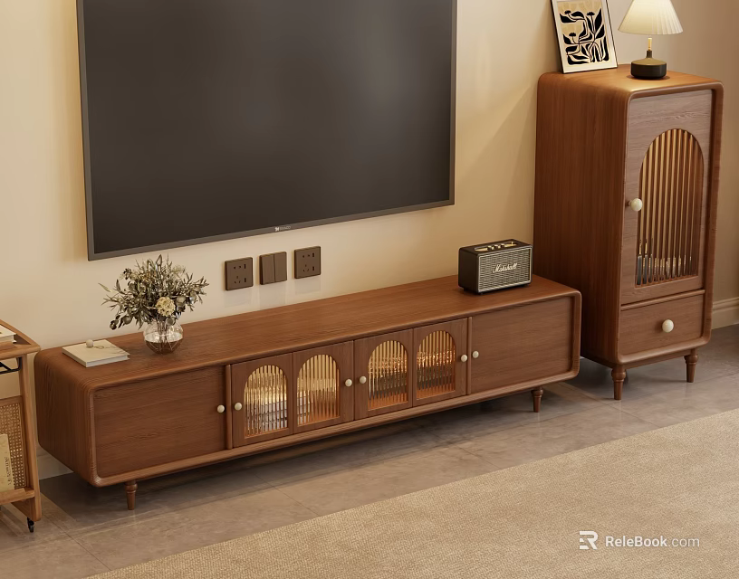 Modern Living Room TV Stand With Glass Doors Matching Tall Cabinet And Table Lamp 3d model 