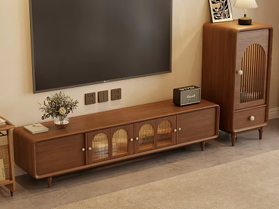 Modern Living Room TV Stand With Glass Doors Matching Tall Cabinet And Table Lamp 3d model