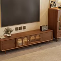 Modern Living Room TV Stand With Glass Doors Matching Tall Cabinet And Table Lamp