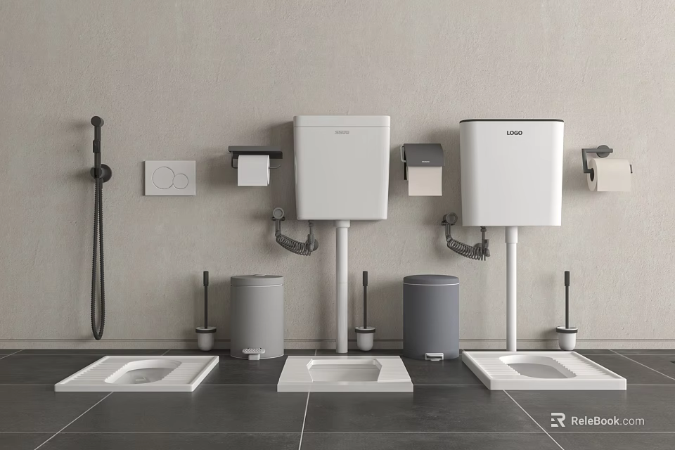 Modern Squat Toilets With White Tanks Gray Bins Toilet Paper Holders On Dark Tiled Floor 3d model 