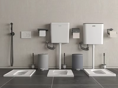 Modern Squat Toilets With White Tanks Gray Bins Toilet Paper Holders On Dark Tiled Floor 3d model