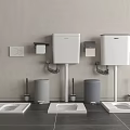Modern Squat Toilets With White Tanks Gray Bins Toilet Paper Holders On Dark Tiled Floor