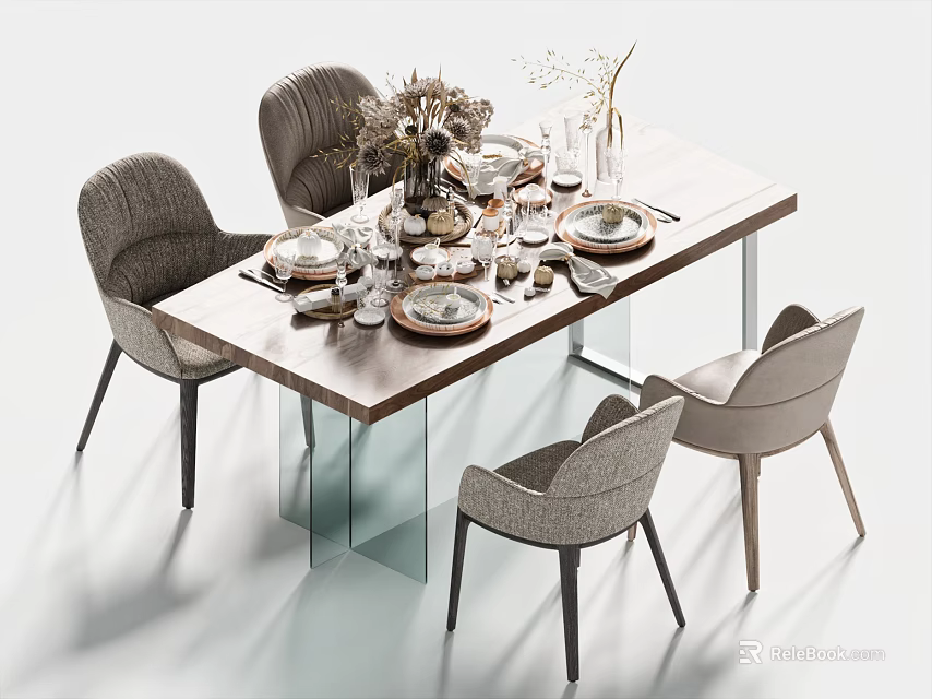 Modern Wooden Dining Table And Upholstered Chairs With Dinnerware Glassware And Flower Vase 3d model 
