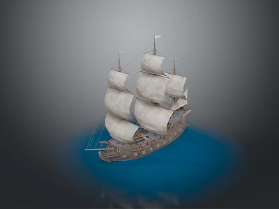 Vintage Sailing Ship With White Full Sails And Wooden Hull On Blue Water 3d model