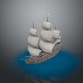 Vintage Sailing Ship With White Full Sails And Wooden Hull On Blue Water